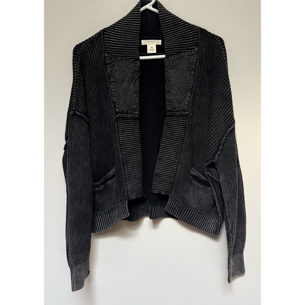 FESTI Womens Acid Washed Open Front Cardigan Long Sleeve Elbow Patch Size 00-Lrg
